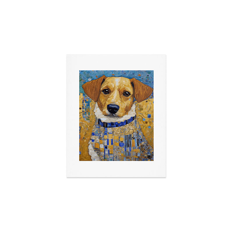 Gustav Klimt Style Dog in Blue and White Ruffled Collar Art Print Gallery Image 1