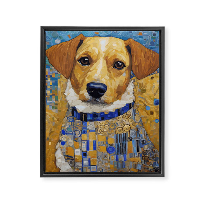 Gustav Klimt Style Dog in Blue and White Ruffled Collar Framed Canvas Print Gallery Image 1