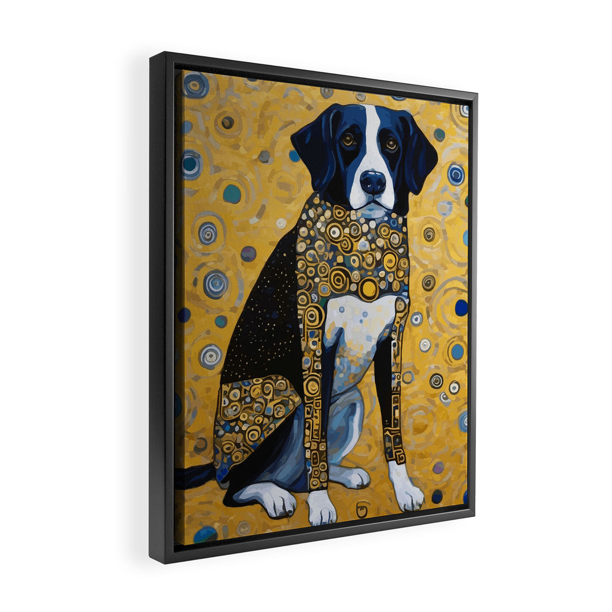 Gustav Klimt Style Dog with Blue and Gold Coat Framed Canvas Print Gallery Image 2