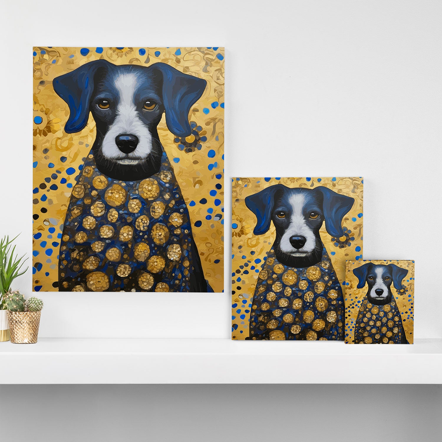 Gustav Klimt Style Dog with Blue and Gold Floral Patterns Canvas Print Gallery Image 3