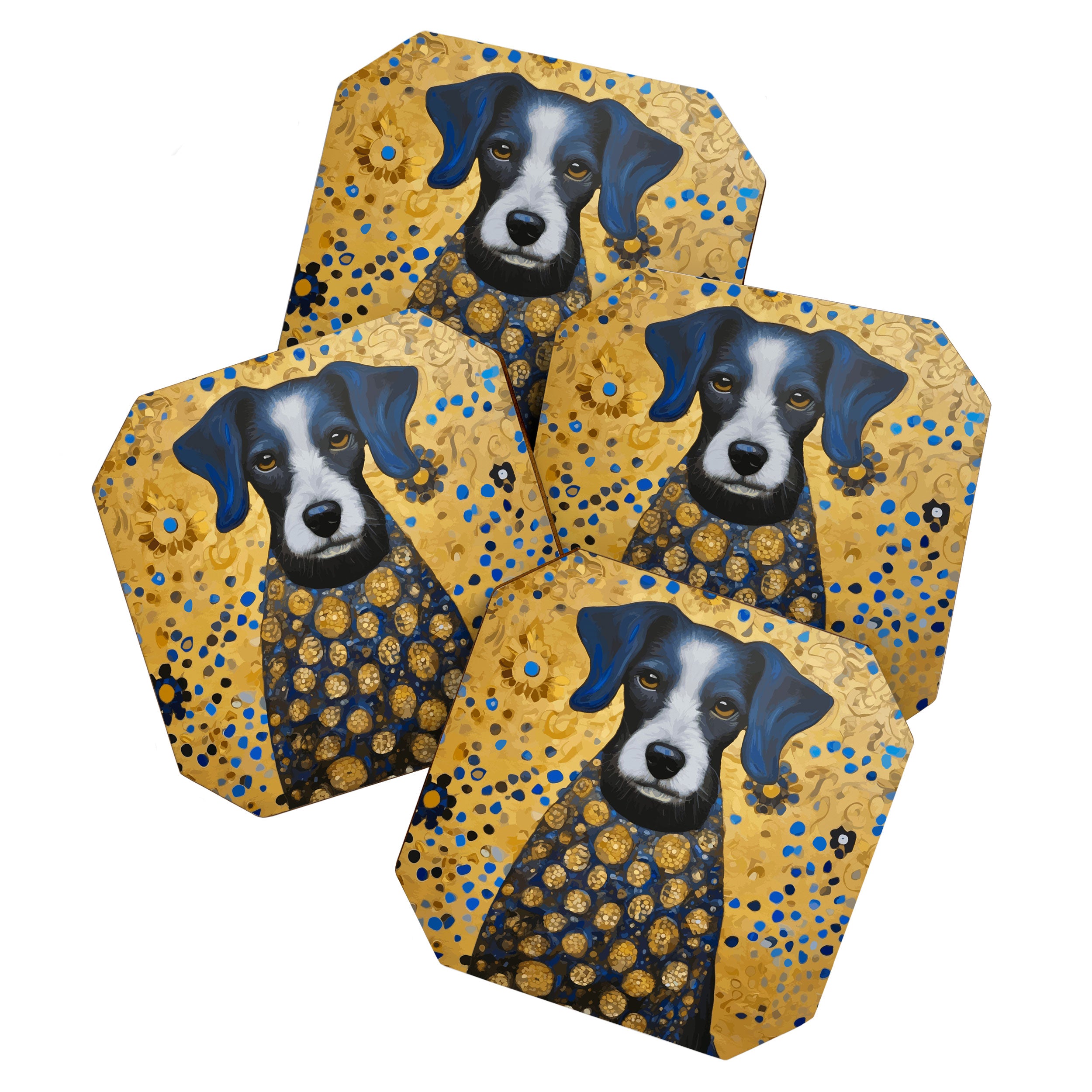 Gustav Klimt Style Dog with Blue and Gold Floral Patterns Coaster Gallery Image 1