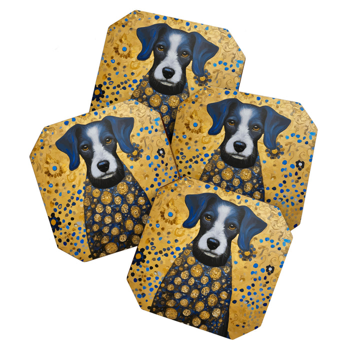 Gustav Klimt Style Dog with Blue and Gold Floral Patterns Coaster Gallery Image 1