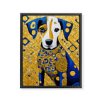 Gustav Klimt Style Dog with Blue and Gold Geometric Patterns Framed Canvas Print Gallery Image 3