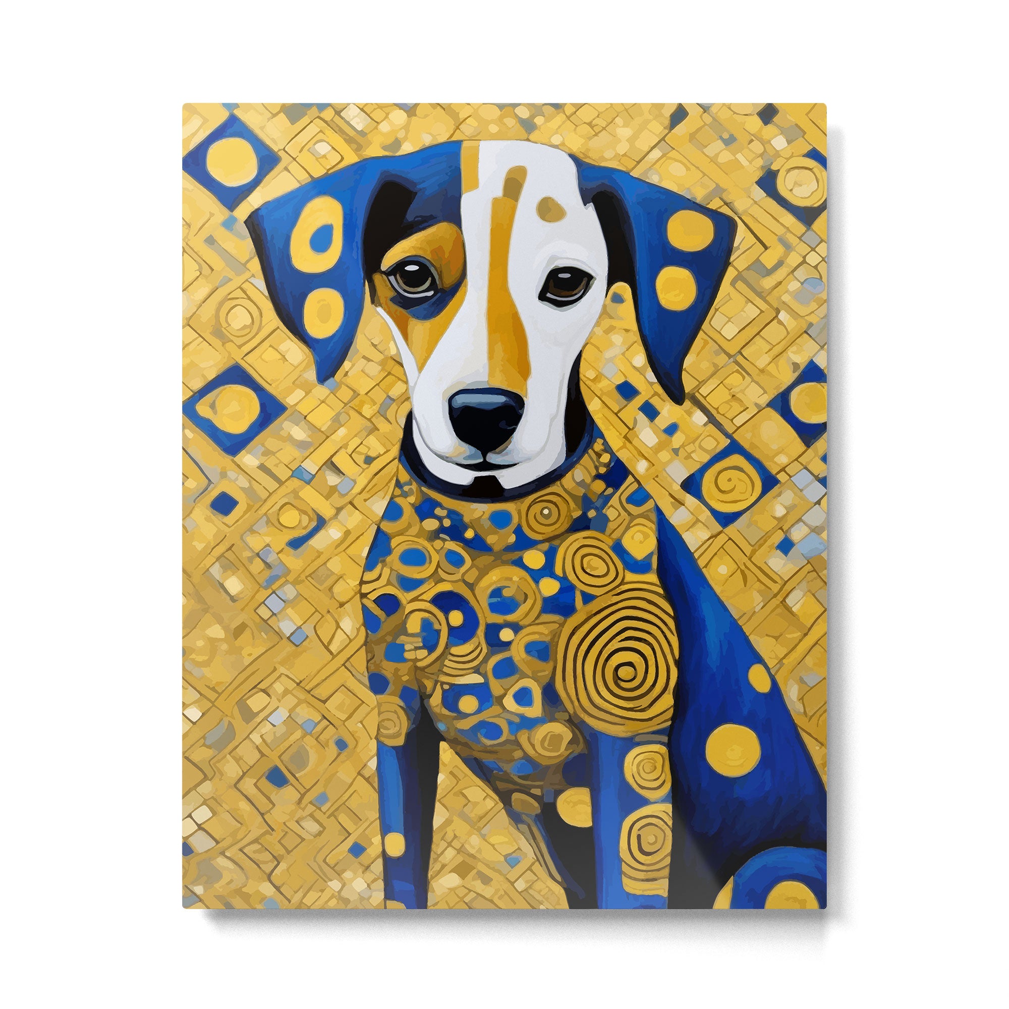 Gustav Klimt Style Dog with Blue and Gold Geometric Patterns Metal Print Gallery Image 6