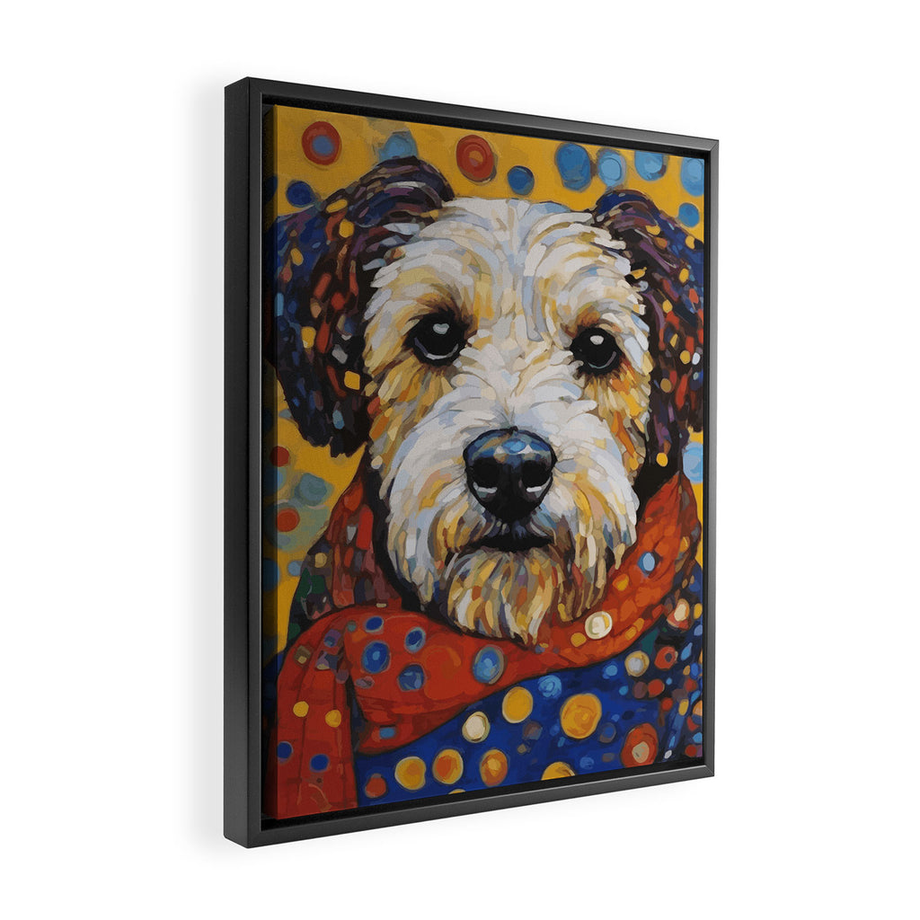 Gustav Klimt Style Dog with Colorful Scarf and Confetti Ears Framed Canvas Print Gallery Image 2