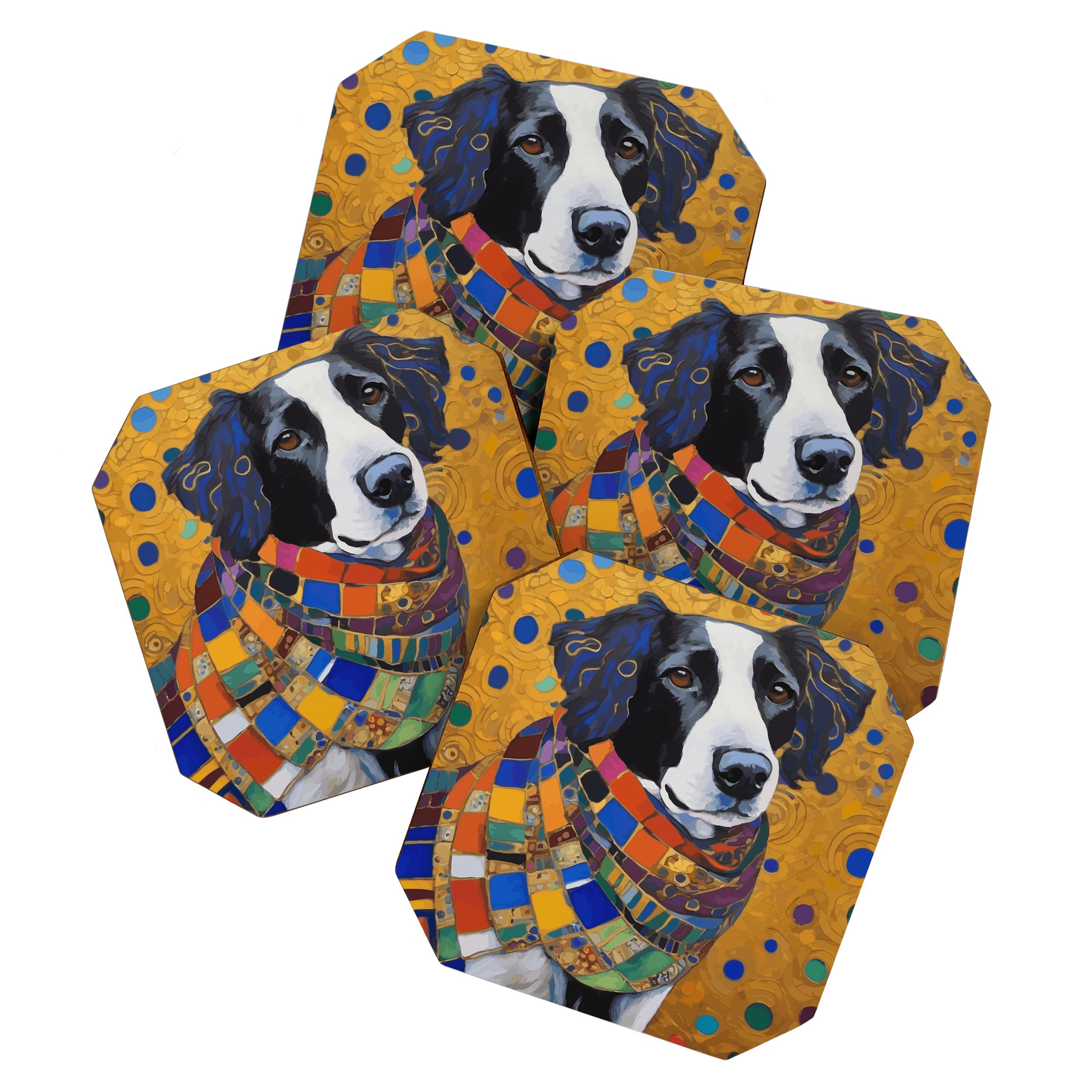 Gustav Klimt Style Dog with Colorful Scarf Coaster Gallery Image 1