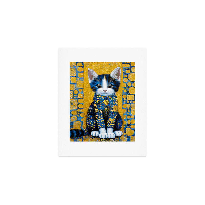 Gustav Klimt Style Kitten with Blue and Gold Dress Art Print Gallery Image 1