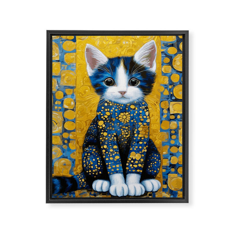 Gustav Klimt Style Kitten with Blue and Gold Dress Framed Canvas Print Gallery Image 3