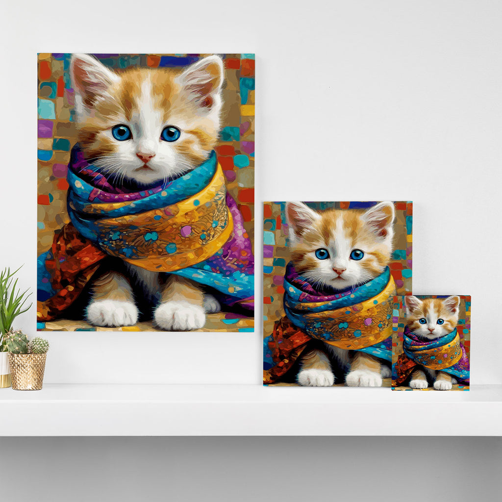 Gustav Klimt Style Tabby Cat Kitten with Colorful Scarf Canvas Print Gallery Image 3
