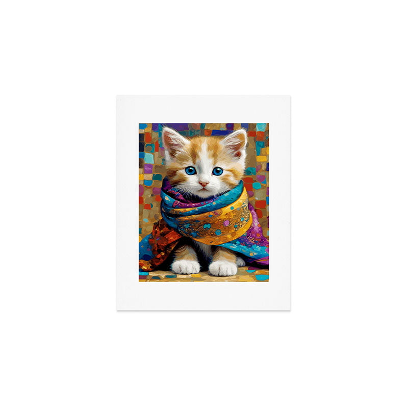 Gustav Klimt Style Tabby Cat Kitten with Colorful Scarf Art Print Gallery Image 1