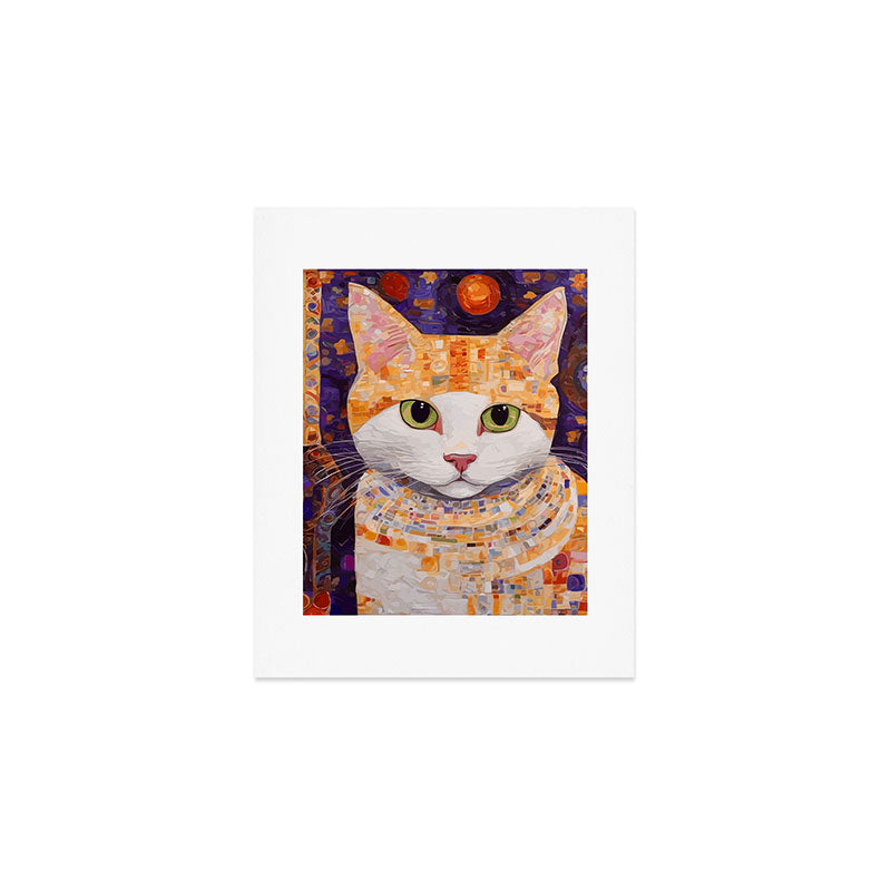 Gustav Klimt Style Tabby Cat Kitten with Green Eyes in a Starry Night Art Print Gallery Image 1