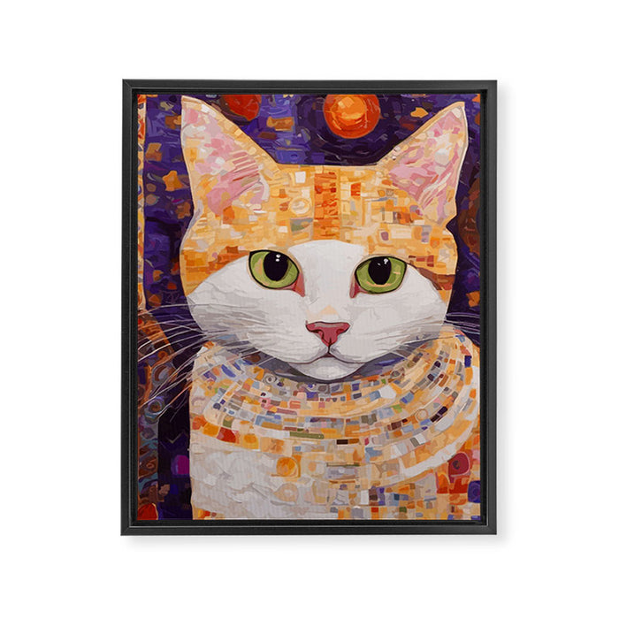 Gustav Klimt Style Tabby Cat Kitten with Green Eyes in a Starry Night Framed Canvas Print Gallery Image 1