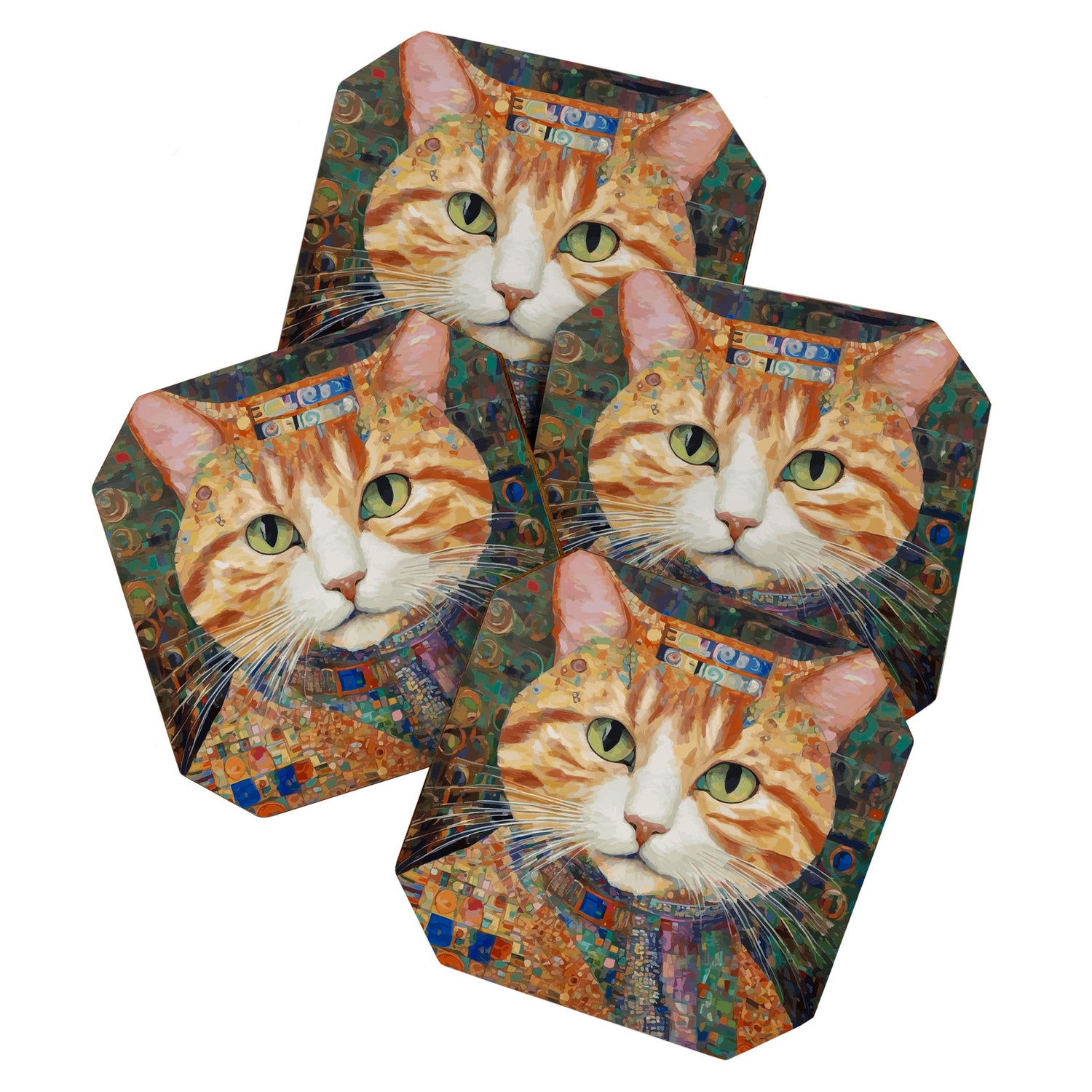 Gustav Klimt Style Tabby Cat with Green Eyes and Beautiful Clothes Coaster Gallery Image 1