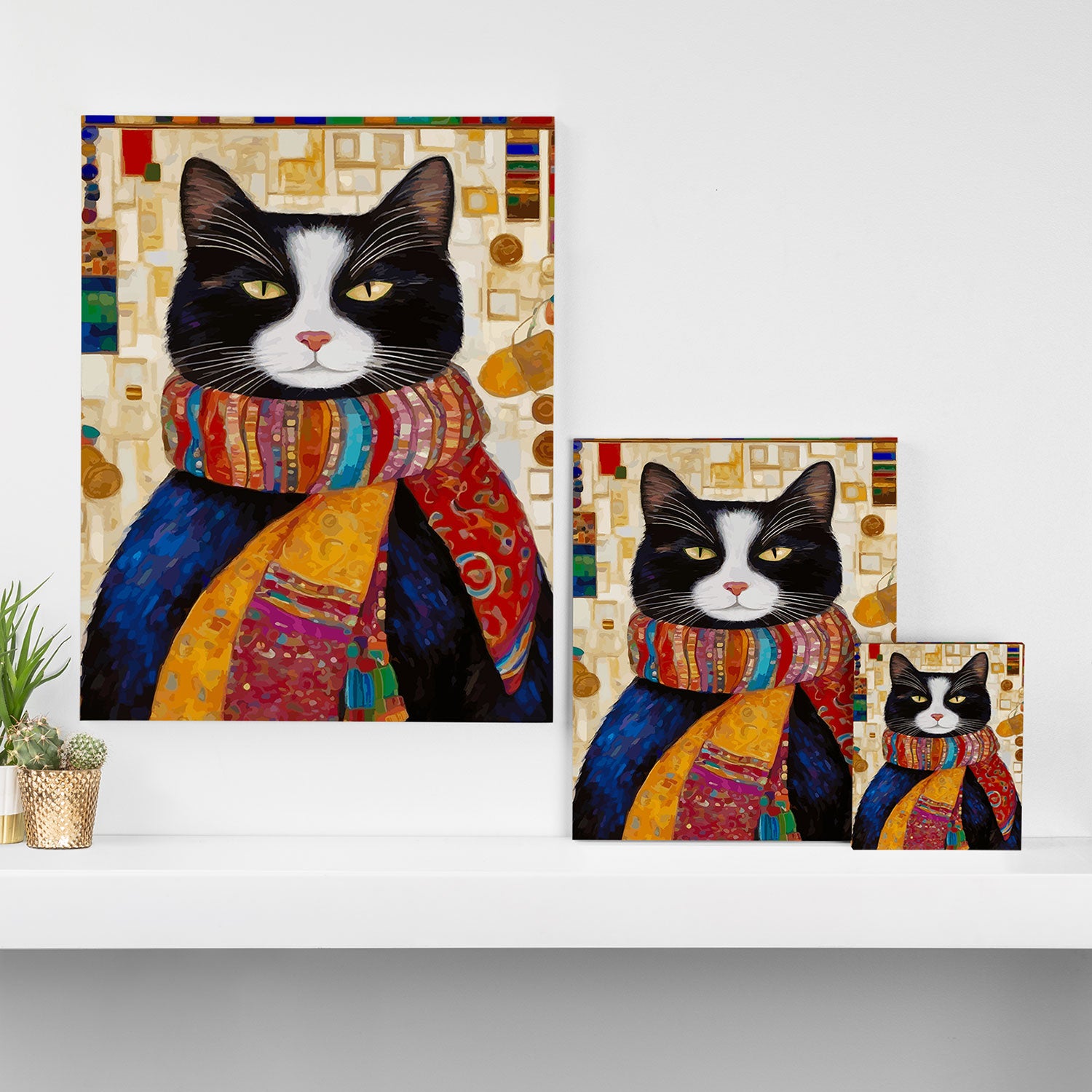 Gustav Klimt Style Tuxedo Cat with Colorful Scarf Canvas Print Gallery Image 3