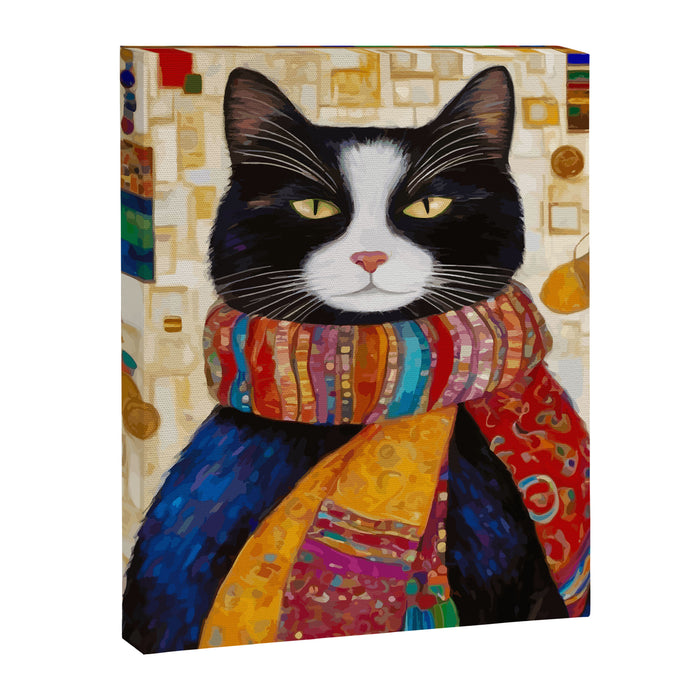 Gustav Klimt Style Tuxedo Cat with Colorful Scarf Canvas Print Gallery Image 1