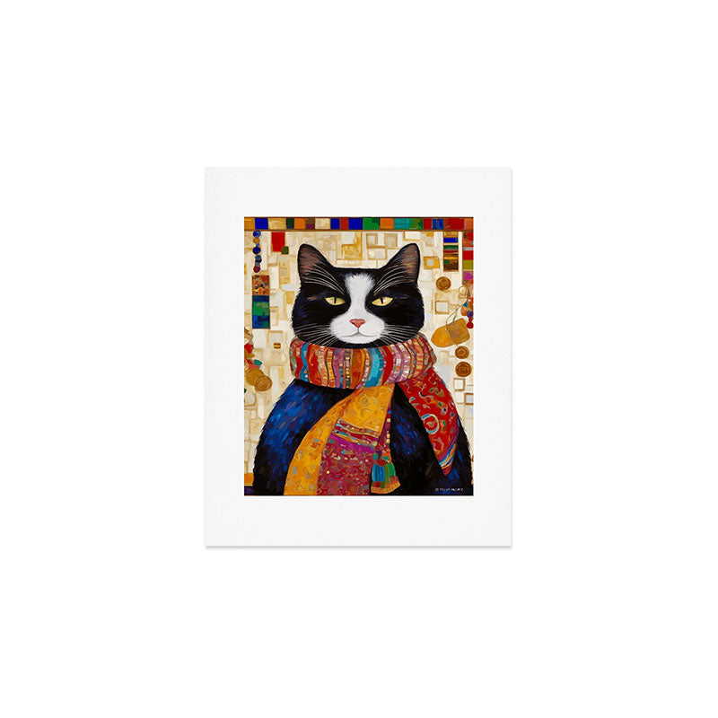 Gustav Klimt Style Tuxedo Cat with Colorful Scarf Art Print Gallery Image 1