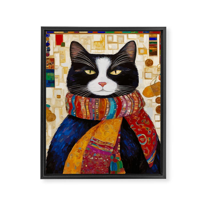 Gustav Klimt Style Tuxedo Cat with Colorful Scarf Framed Canvas Print Gallery Image 1
