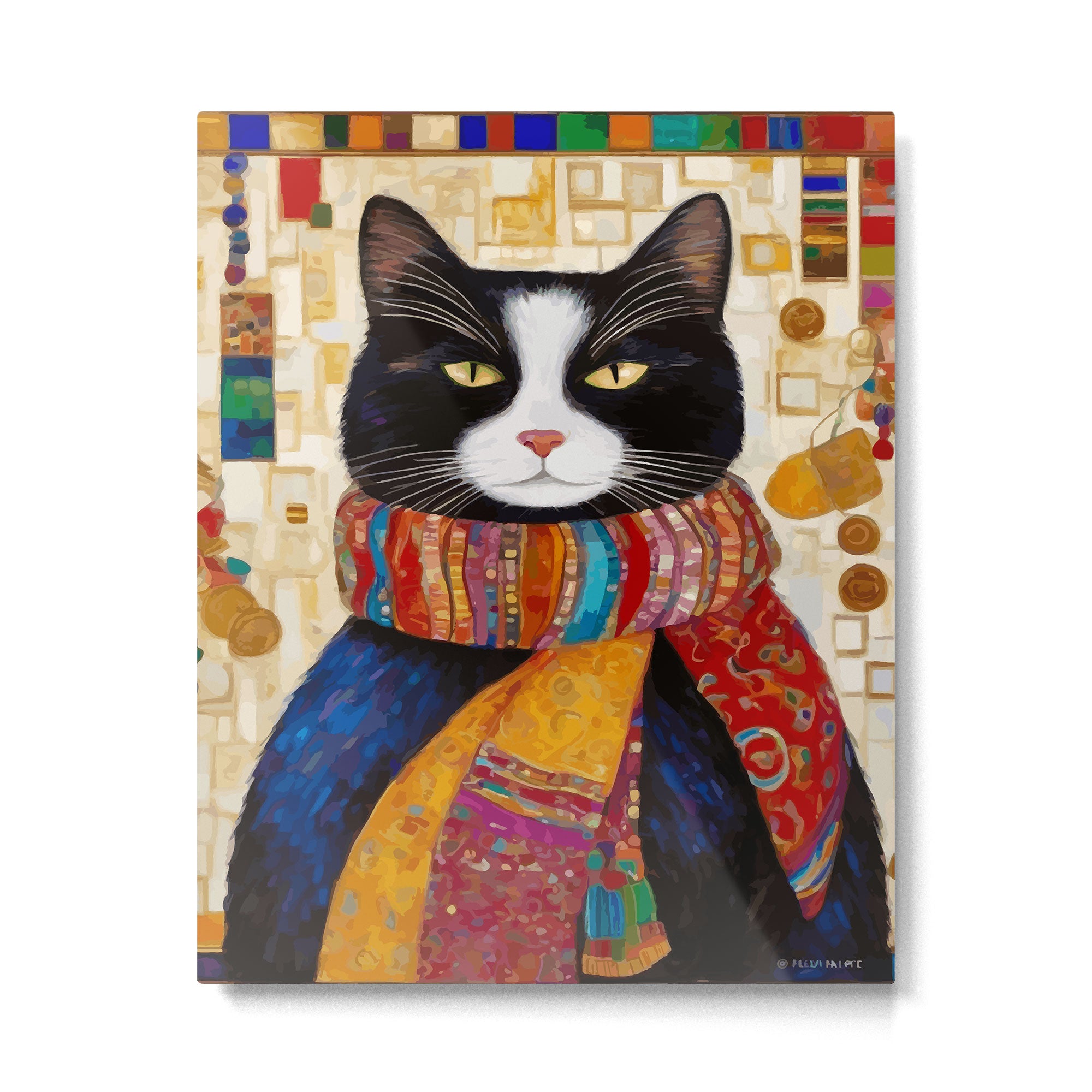 Gustav Klimt Style Tuxedo Cat with Colorful Scarf Metal Print Gallery Image 6