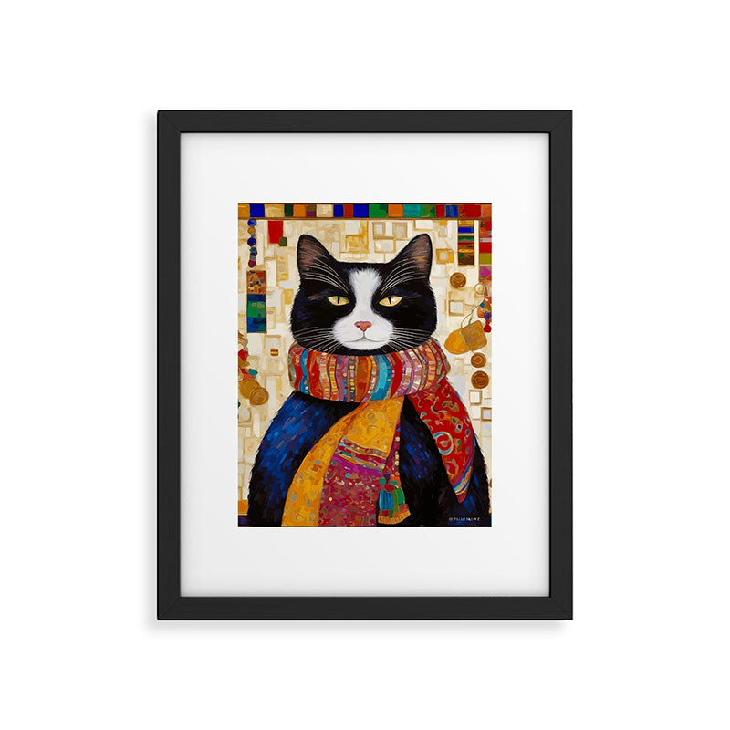 Gustav Klimt Style Tuxedo Cat with Colorful Scarf Framed Art Print Gallery Image 6