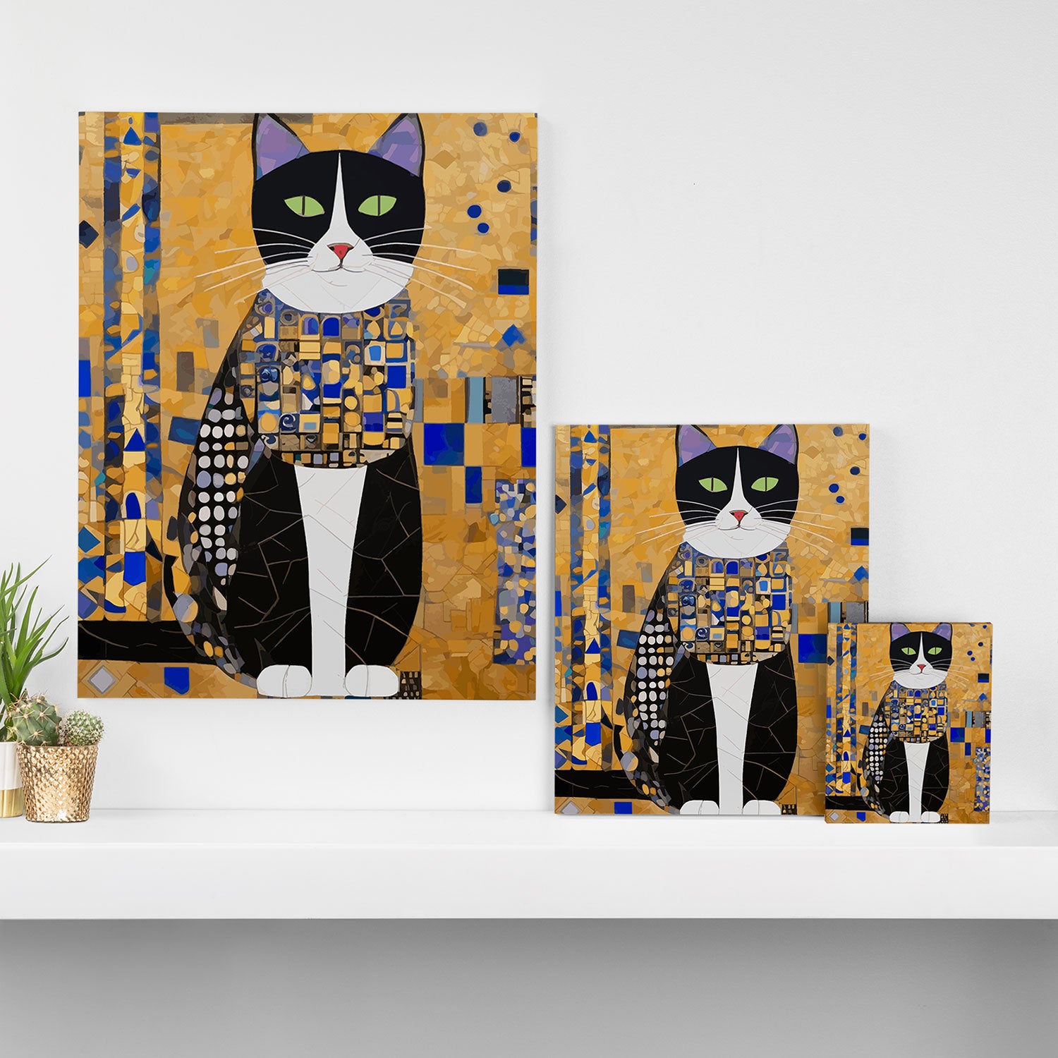 Gustav Klimt Style Tuxedo Cat with Geometric Patterns Canvas Print Gallery Image 3