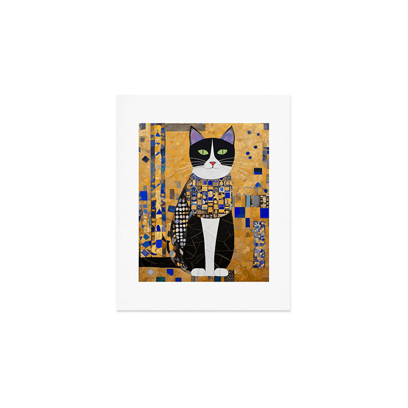 Gustav Klimt Style Tuxedo Cat with Geometric Patterns Art Print Gallery Image 1