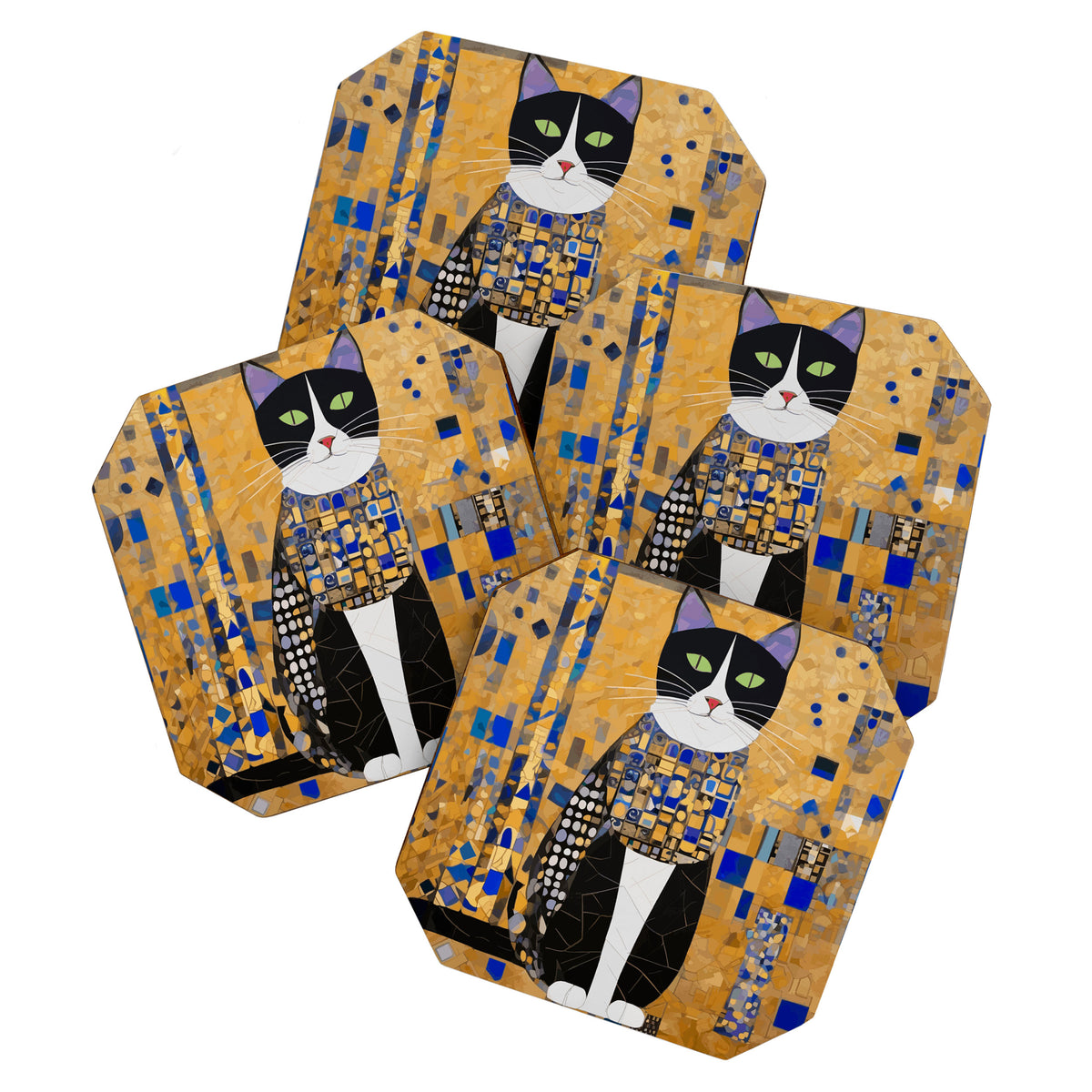 Gustav Klimt Style Tuxedo Cat with Geometric Patterns Coaster Gallery Image 1