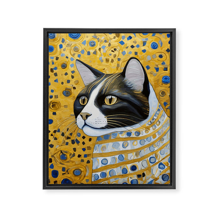 Gustav Klimt Style Tuxedo Cat with Striped Coat Framed Canvas Print Gallery Image 1
