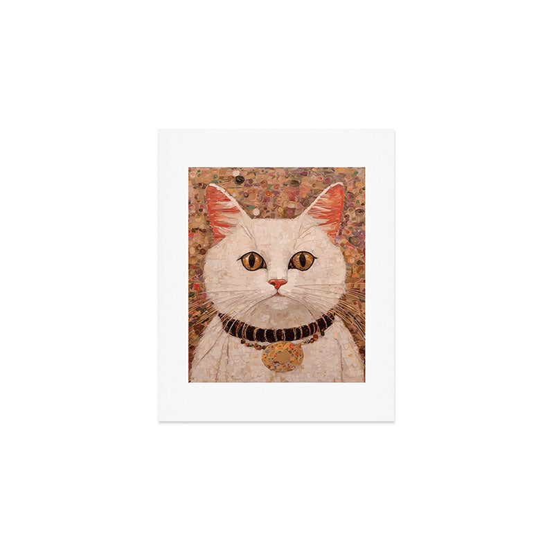 Gustav Klimt Style White Cat with Black and Gold Collar Art Print Gallery Image 1