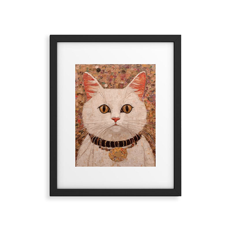 Gustav Klimt Style White Cat with Black and Gold Collar Framed Art Print Gallery Image 6