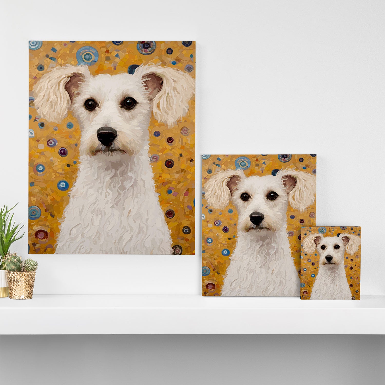 Gustav Klimt Style White Dog with Geometric Background  Canvas Print Gallery Image 3