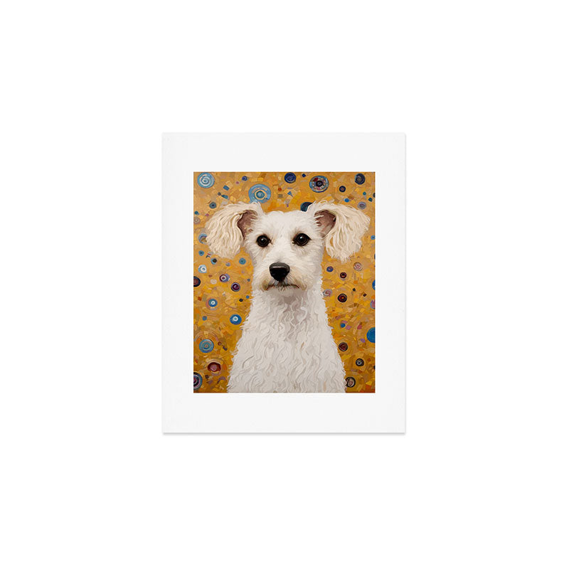 Gustav Klimt Style White Dog with Geometric Background  Art Print Gallery Image 1
