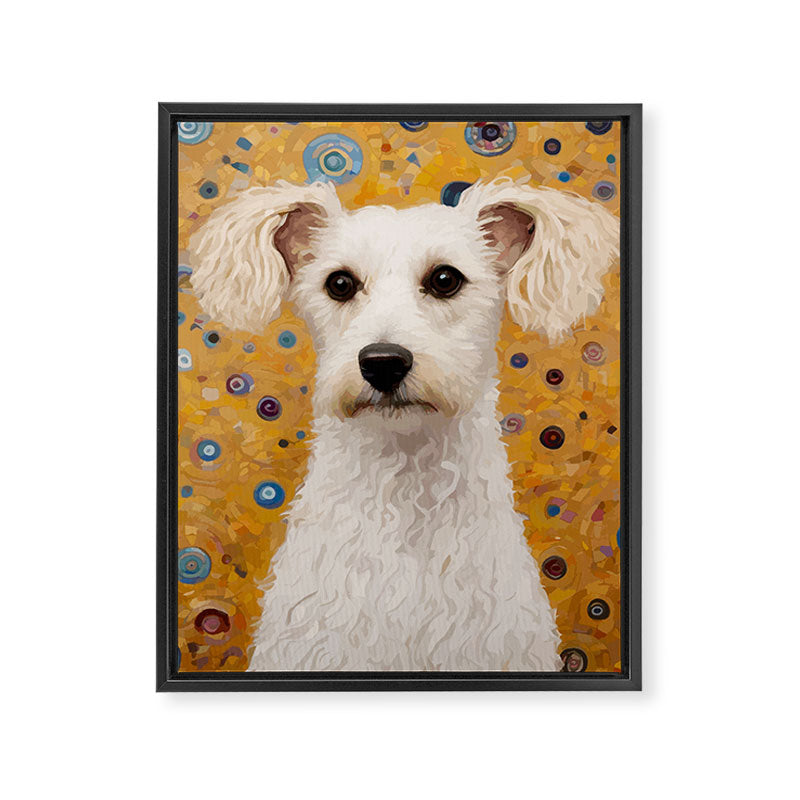 Gustav Klimt Style White Dog with Geometric Background  Framed Canvas Print Gallery Image 3
