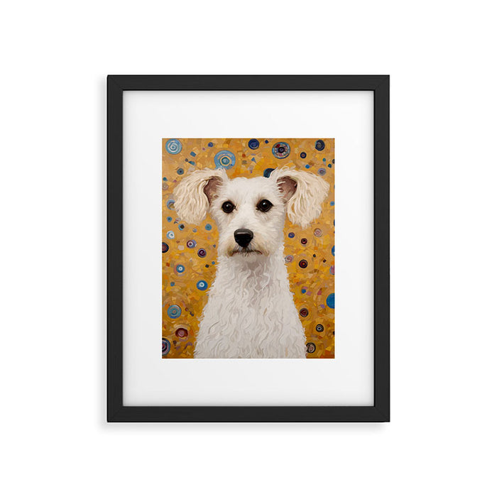 Gustav Klimt Style White Dog with Geometric Background  Framed Art Print Gallery Image 1