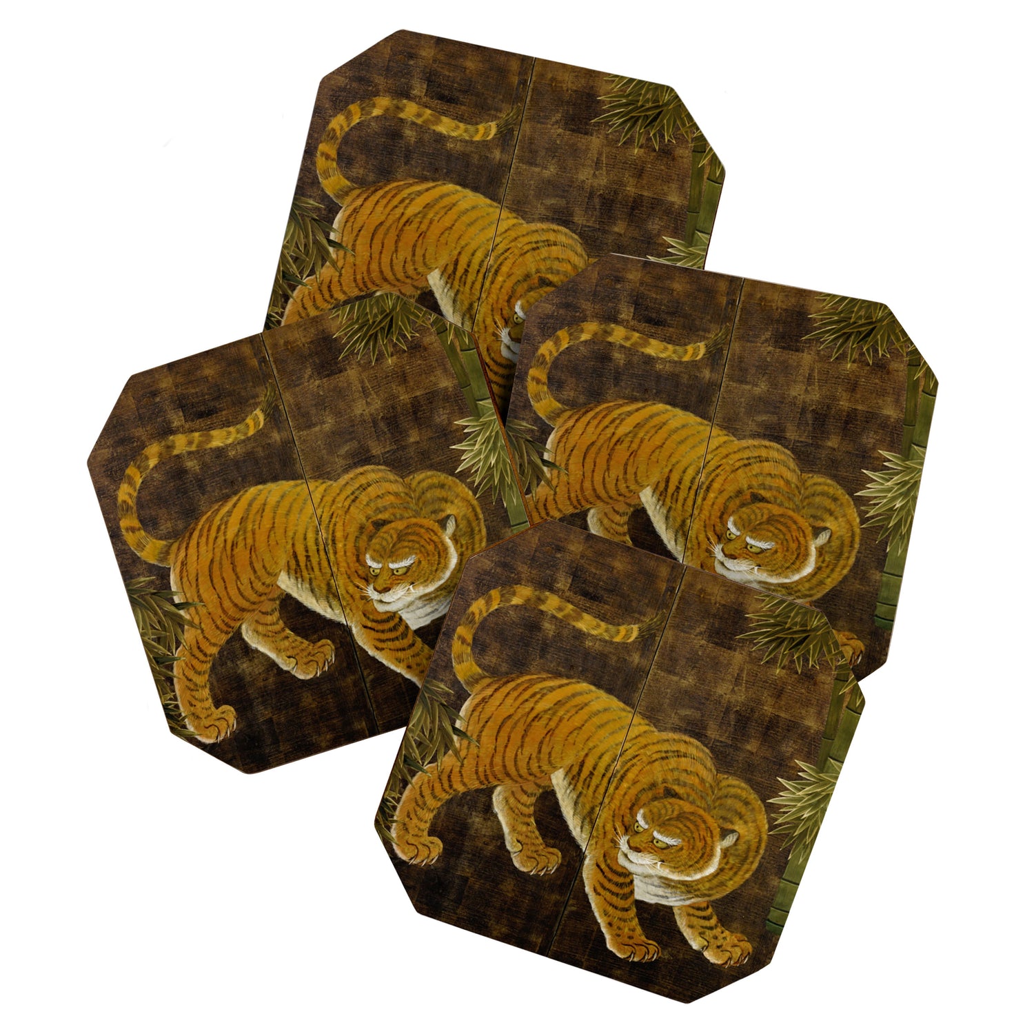 Japanese Tiger in Bamboo Grove Vintage Gold Leaf Screen Coaster Gallery Image 1