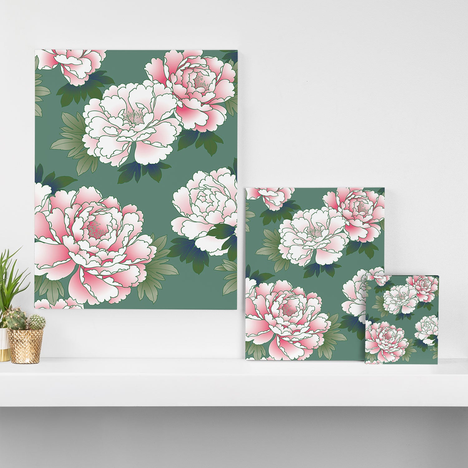 Japanese Vintage Pink Peonies Green Leaves Kimono Pattern Canvas Print Gallery Image 3