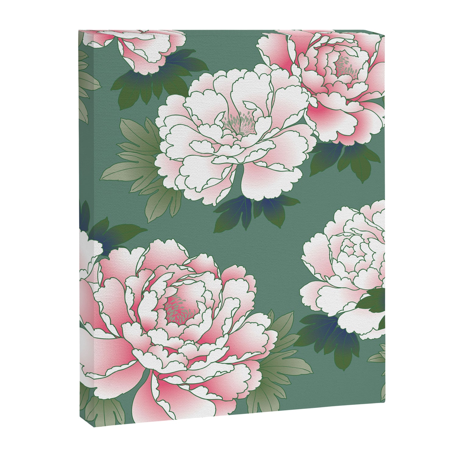 Japanese Vintage Pink Peonies Green Leaves Kimono Pattern Canvas Print Gallery Image 3