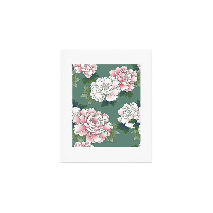 Japanese Vintage Pink Peonies Green Leaves Kimono Pattern Art Print Gallery Image 1