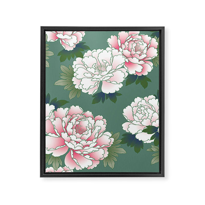 Japanese Vintage Pink Peonies Green Leaves Kimono Pattern Framed Canvas Print Gallery Image 1