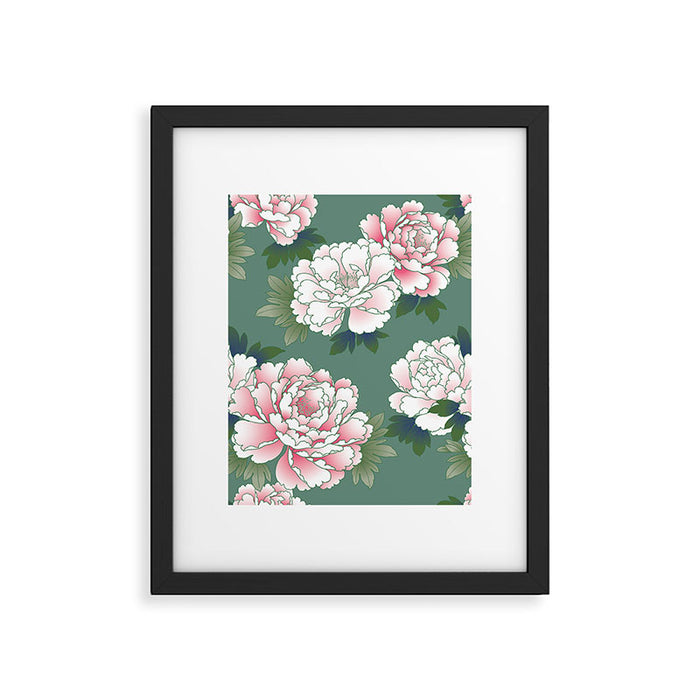 Japanese Vintage Pink Peonies Green Leaves Kimono Pattern Framed Art Print Gallery Image 1