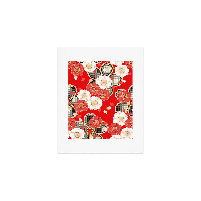 Japanese Vintage Red Black White Floral Kimono Pattern Art Print Gallery Image 1
