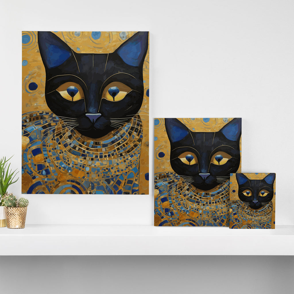 Klimt Black Cat Wearing Geometric Blue and Gold Canvas Print Gallery Image 3