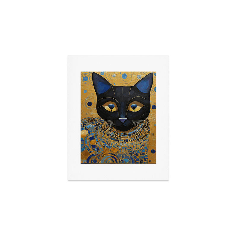 Klimt Black Cat Wearing Geometric Blue and Gold Art Print Gallery Image 1