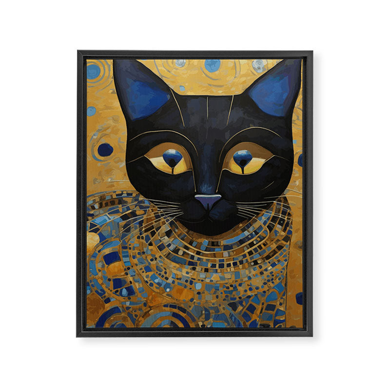 Klimt Black Cat Wearing Geometric Blue and Gold Framed Canvas Print Gallery Image 3