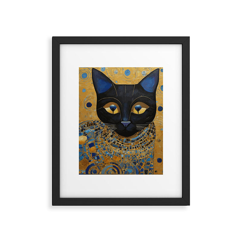 Klimt Black Cat Wearing Geometric Blue and Gold Framed Art Print Gallery Image 6