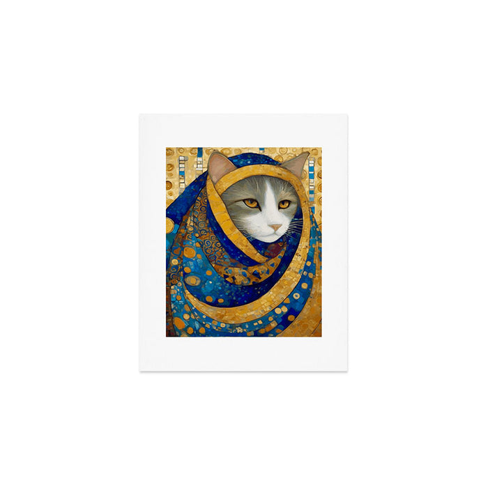 Klimt Cat in Blue and Gold Hood Art Print Gallery Image 1