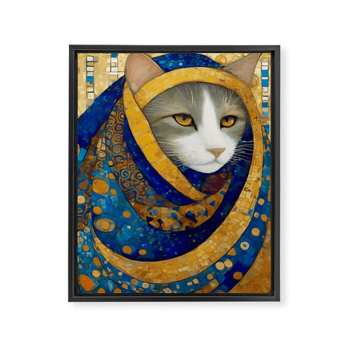 Klimt Cat in Blue and Gold Hood Framed Canvas Print Gallery Image 1