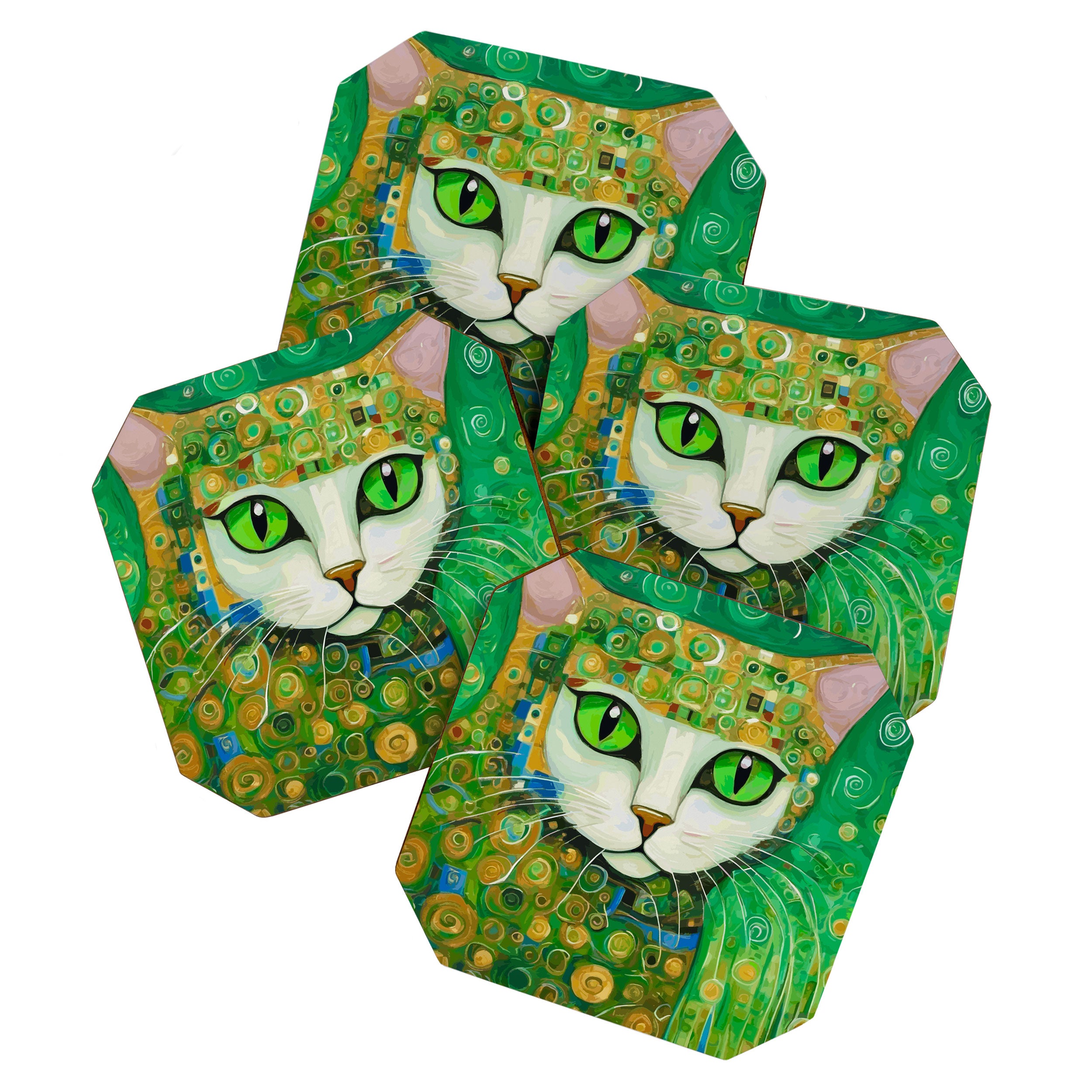 Klimt Cat with Bright Green Eyes Coaster Gallery Image 1