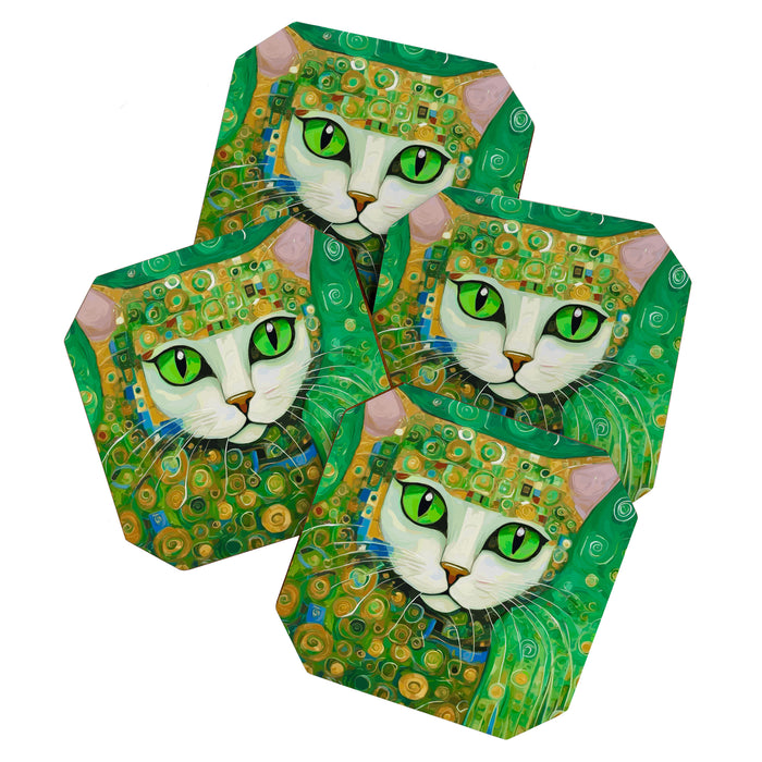 Klimt Cat with Bright Green Eyes Coaster Gallery Image 1