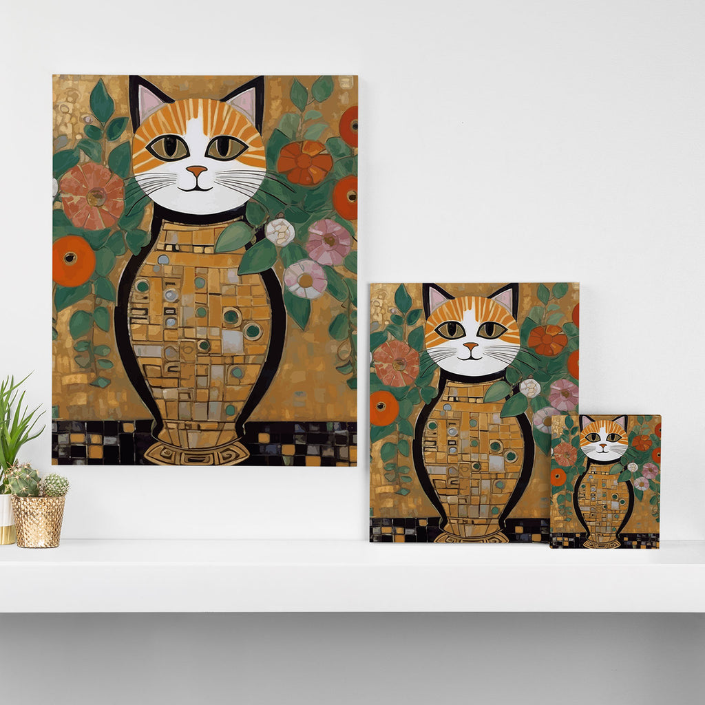 Klimt Cat with Colorful Flowers in a Geometric Vase Canvas Print Gallery Image 3