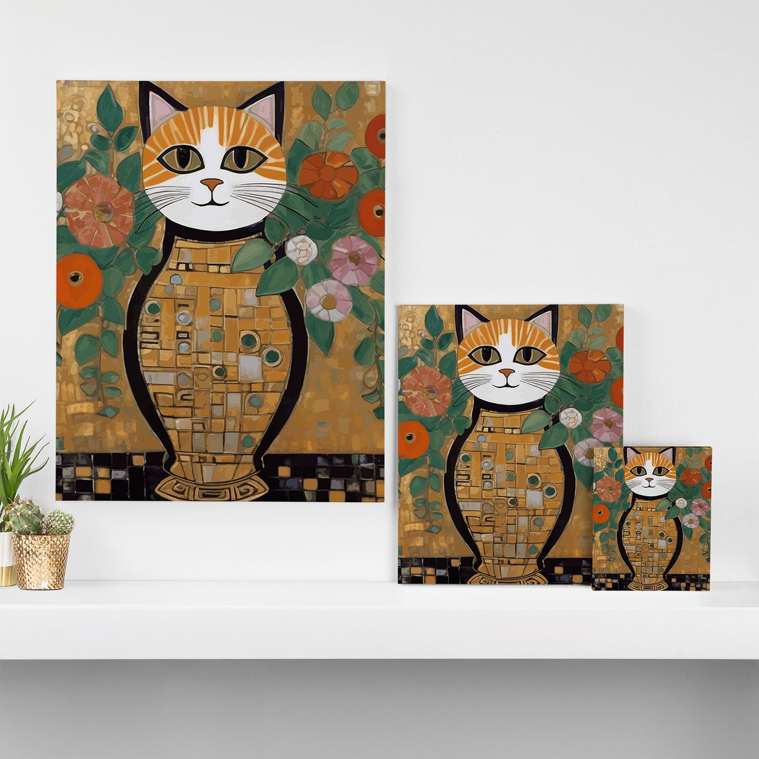 Klimt Cat with Colorful Flowers in a Geometric Vase Canvas Print Gallery Image 3